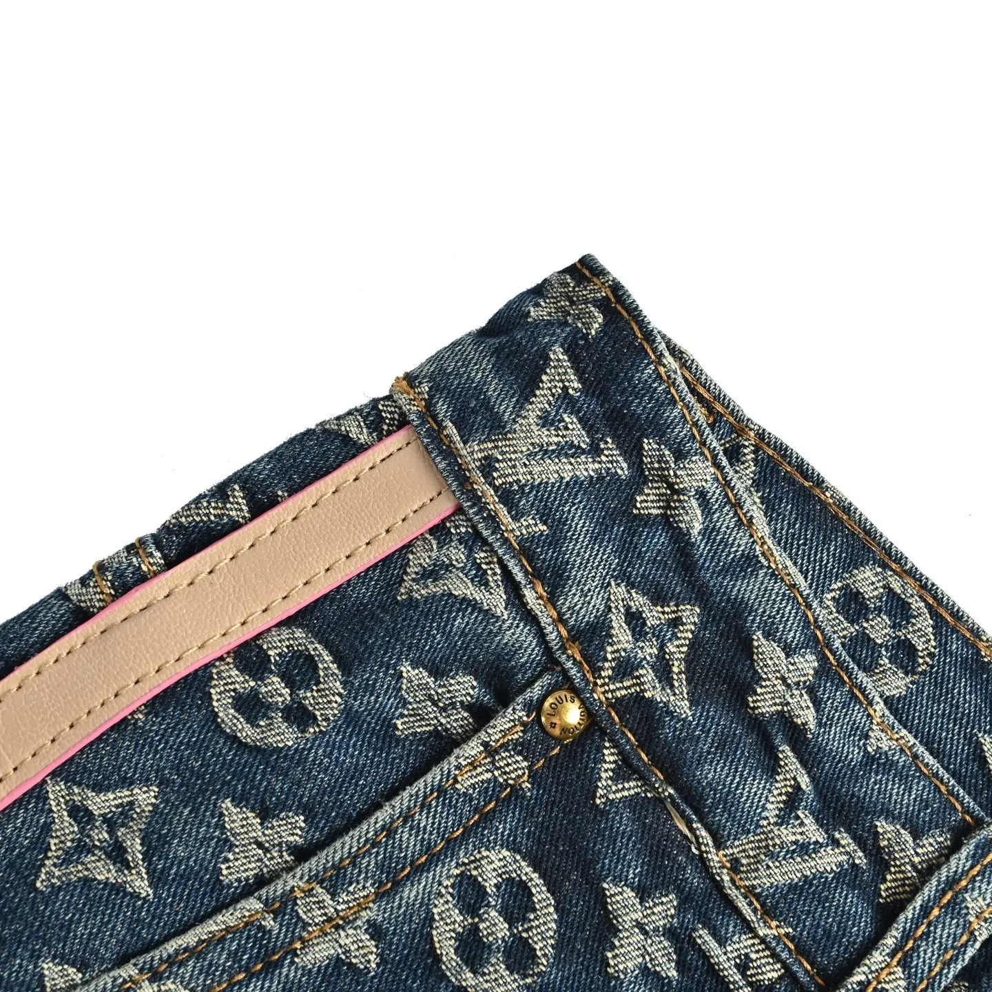 Louis Vuitton/Louis Vuitton all-over printed side leather strip washed blue jeans